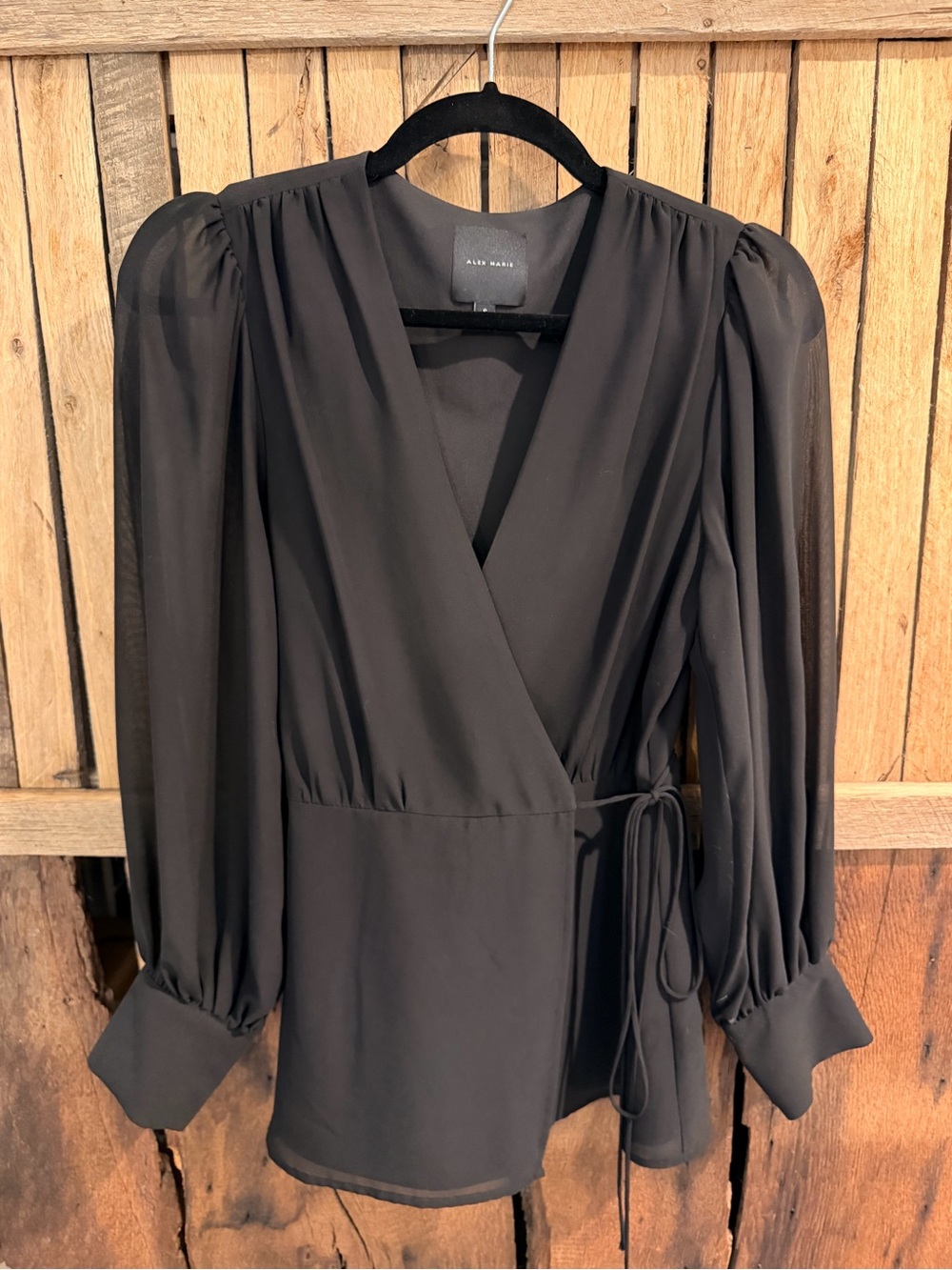 Alex Marie Black Wrap Blouse with Puff Sleeves